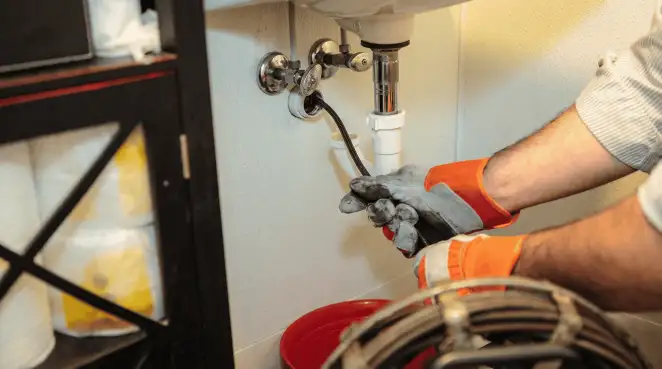 Drain cleaning technician using a motorized plumbing snake to clear a clogged sink pipe in Columbus, OH